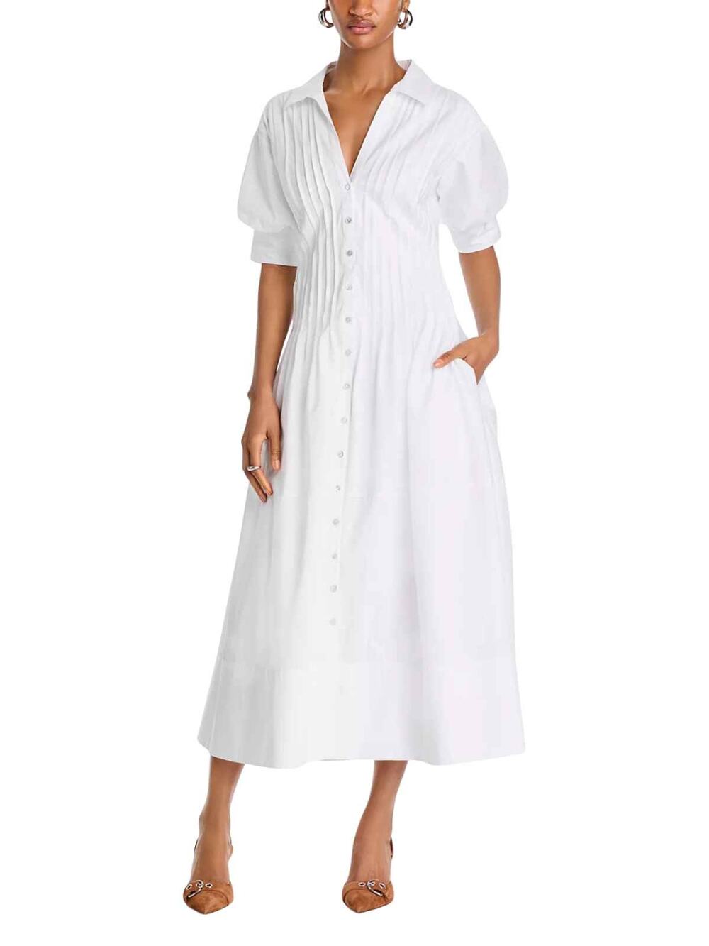 Cinq à Sept Monty Pleated Shirt Midi Dress White Puff Sleeve Women's Size 0